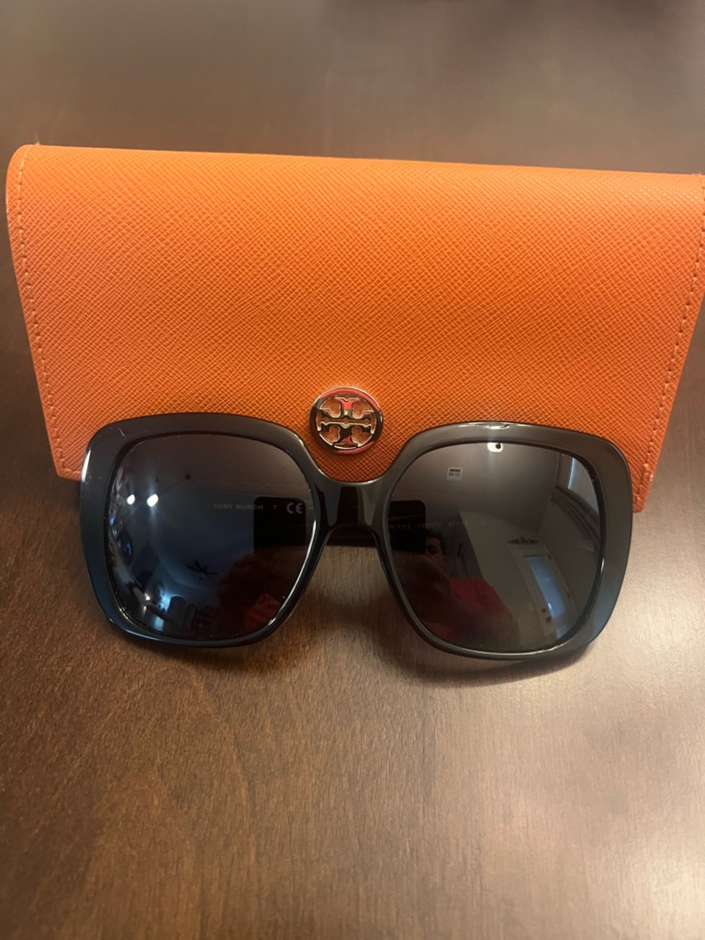 Tory Burch Black Oversized Square Sunglasses with Orange Logo Case